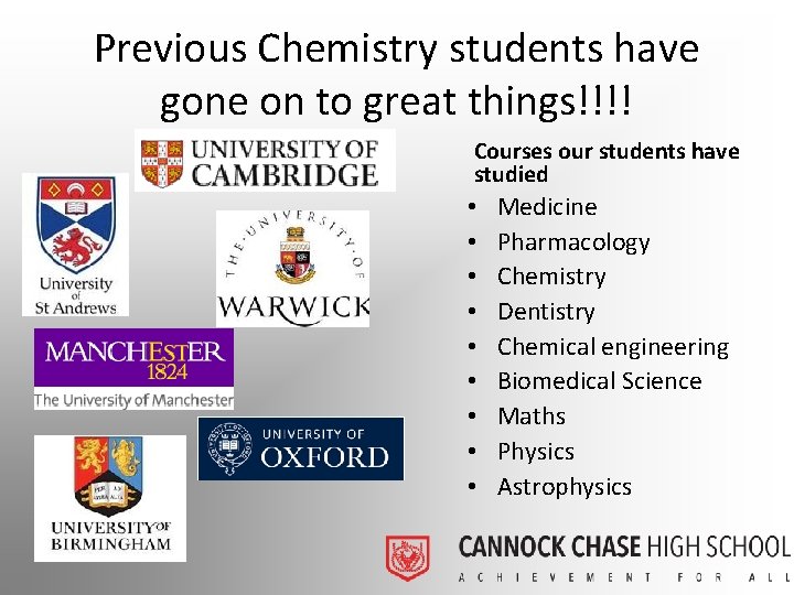 Previous Chemistry students have gone on to great things!!!! Courses our students have studied