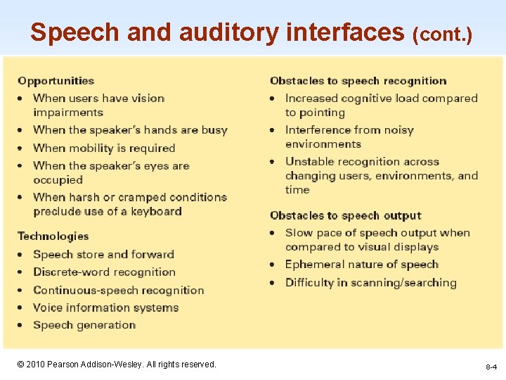 Speech and auditory interfaces (cont. ) 1 -4 © 2010 Pearson Addison-Wesley. All rights
