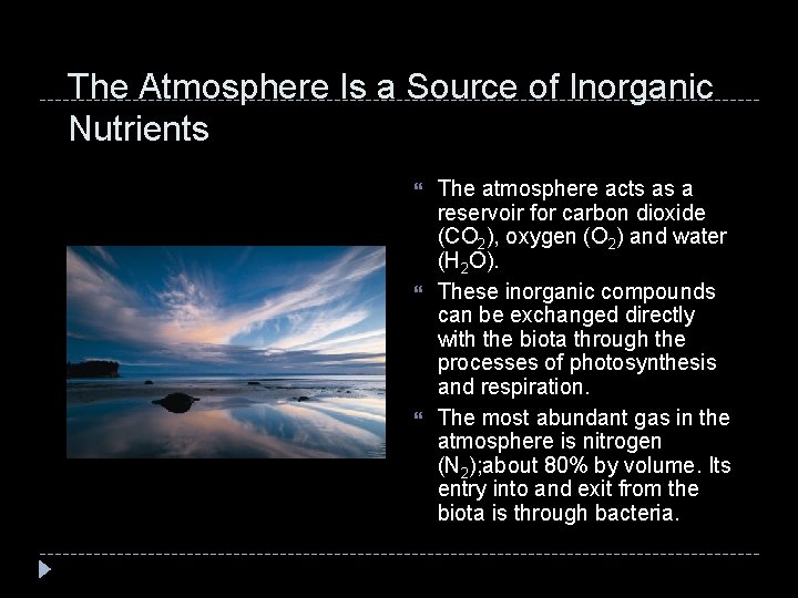 The Atmosphere Is a Source of Inorganic Nutrients The atmosphere acts as a reservoir