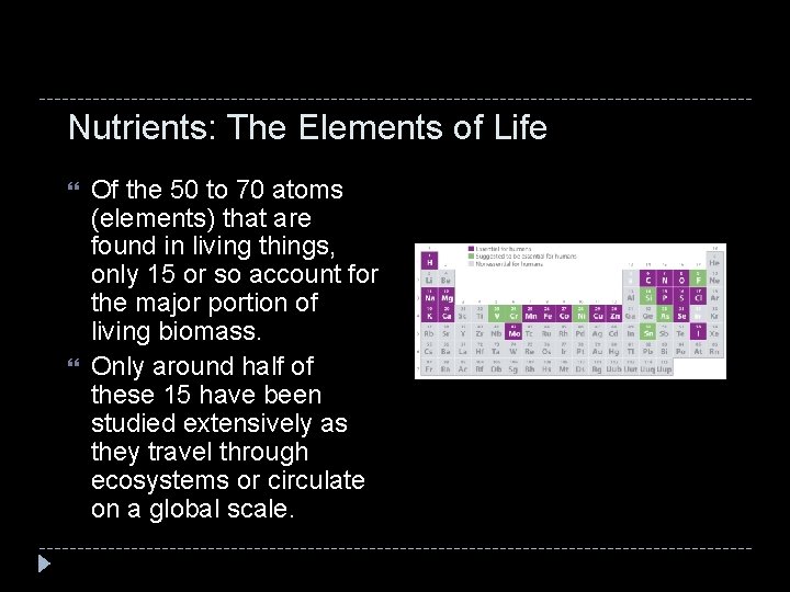 Nutrients: The Elements of Life Of the 50 to 70 atoms (elements) that are