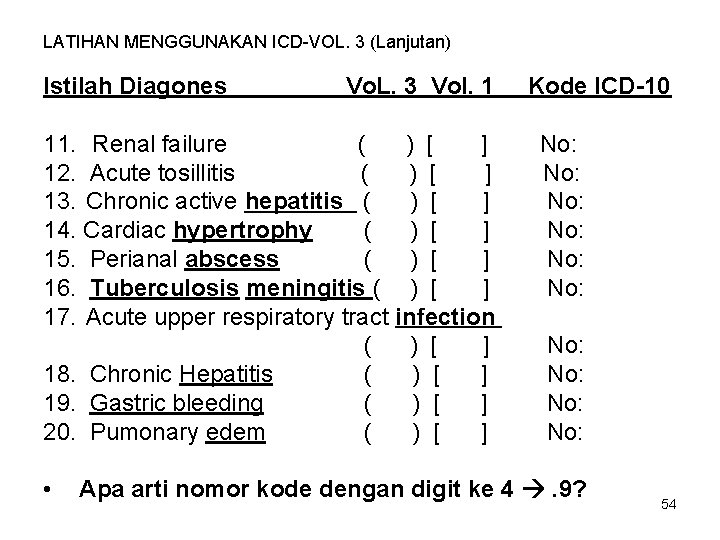 LATIHAN MENGGUNAKAN ICD-VOL. 3 (Lanjutan) Istilah Diagones Vo. L. 3 Vol. 1 11. Renal