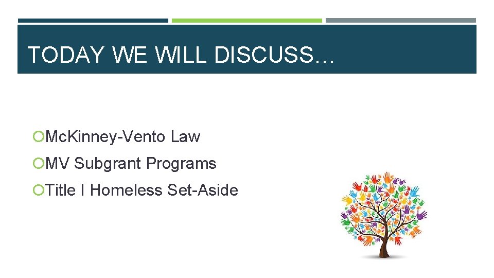 TODAY WE WILL DISCUSS… Mc. Kinney-Vento Law MV Subgrant Programs Title I Homeless Set-Aside