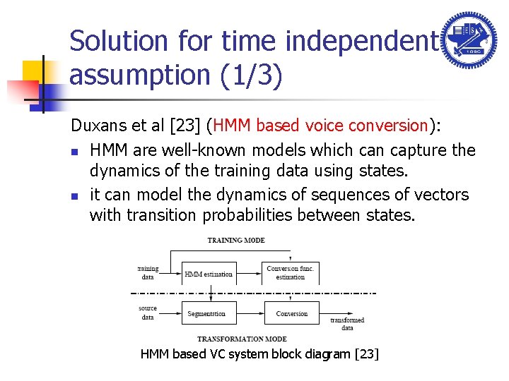 Solution for time independent assumption (1/3) Duxans et al [23] (HMM based voice conversion):