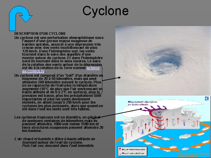 Cyclone DESCRIPTION D'UN CYCLONE Un cyclone est une perturbation atmosphérique sous l'aspect d’une grosse