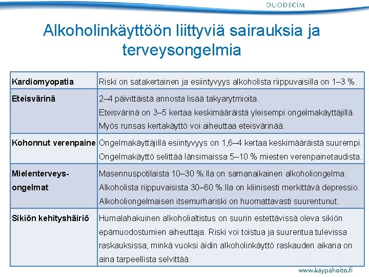 Alkoholinkäyttöön liittyviä sairauksia ja terveysongelmia Kardiomyopatia Riski on satakertainen ja esiintyvyys alkoholista riippuvaisilla on