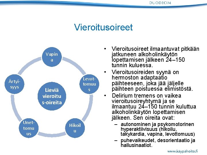 Vieroitusoireet Vapin a Ärtyisyys Levottomuu s Lieviä vieroitu s-oireita Unettomu us Hikoil u •