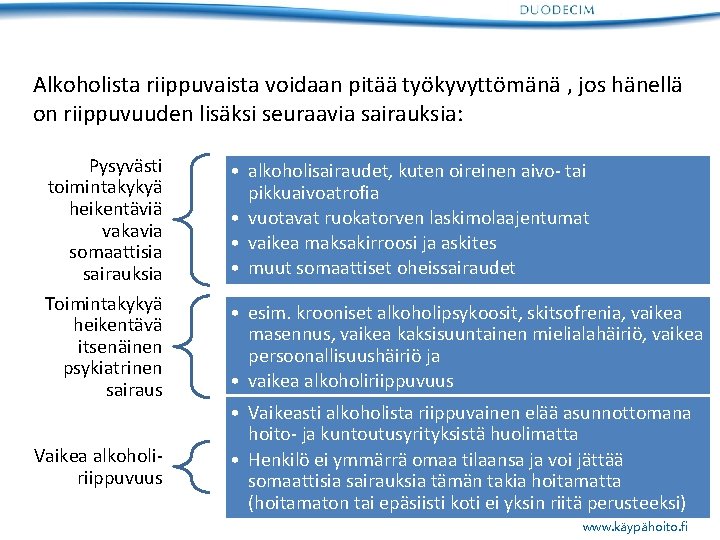 Alkoholista riippuvaista voidaan pitää työkyvyttömänä , jos hänellä on riippuvuuden lisäksi seuraavia sairauksia: Pysyvästi