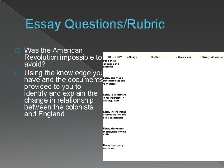 Essay Questions/Rubric Was the American Revolution impossible to avoid? � Using the knowledge you