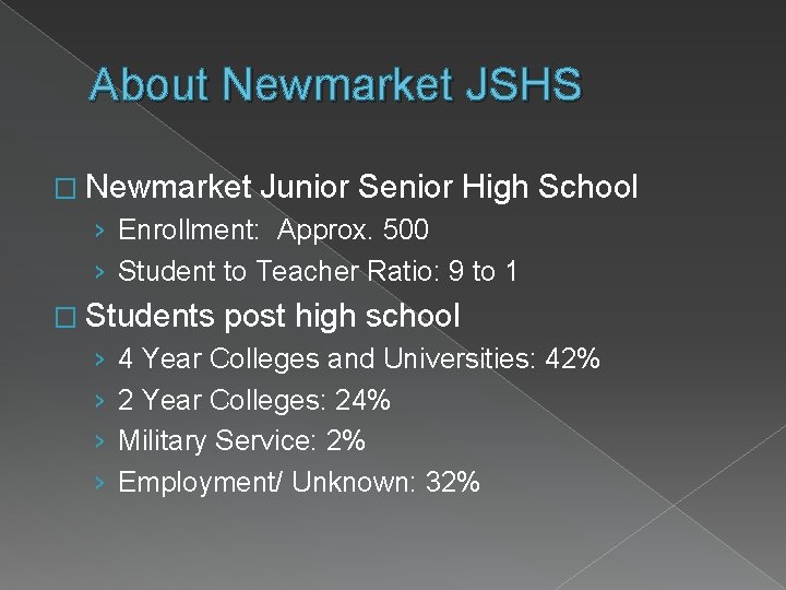About Newmarket JSHS � Newmarket Junior Senior High School › Enrollment: Approx. 500 ›
