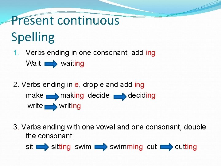 Present continuous Spelling 1. Verbs ending in one consonant, add ing Wait waiting 2.