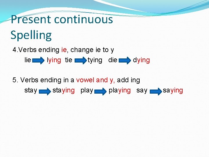 Present continuous Spelling 4. Verbs ending ie, change ie to y lie lying tie