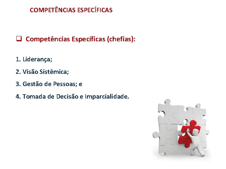 COMPETÊNCIAS ESPECÍFICAS q Competências Específicas (chefias): 1. Liderança; 2. Visão Sistêmica; 3. Gestão de