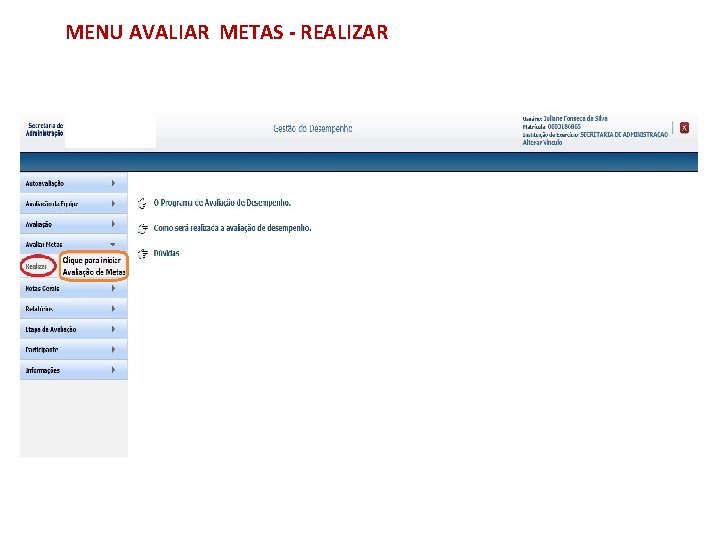 MENU AVALIAR METAS - REALIZAR 