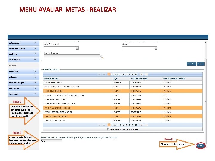 MENU AVALIAR METAS - REALIZAR 