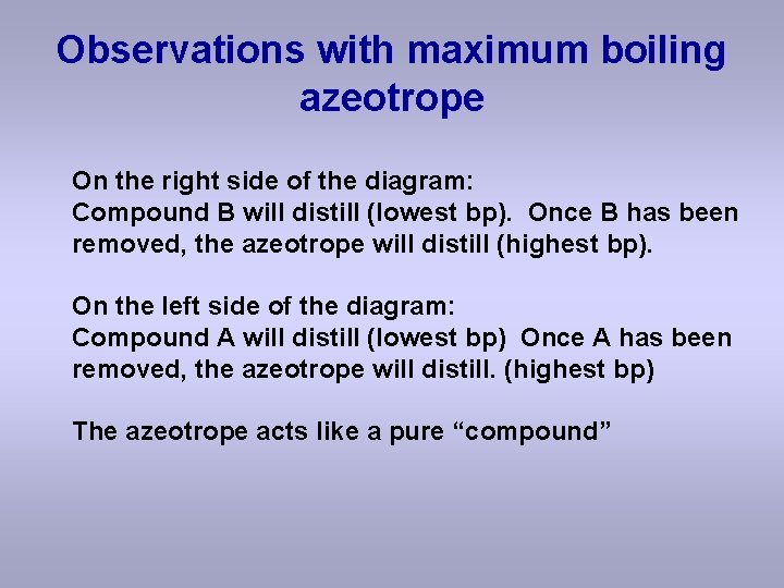 Observations with maximum boiling azeotrope On the right side of the diagram: Compound B