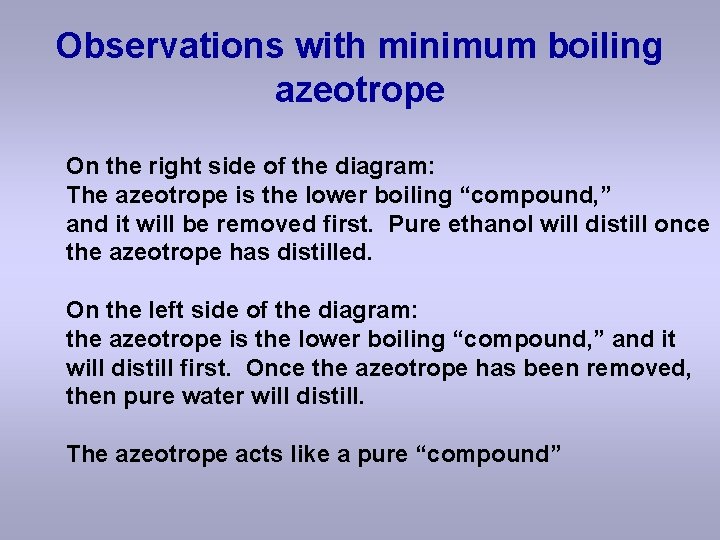 Observations with minimum boiling azeotrope On the right side of the diagram: The azeotrope