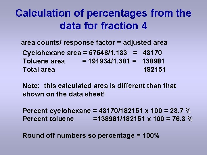 Calculation of percentages from the data for fraction 4 area counts/ response factor =