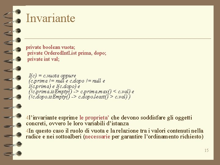 Invariante private boolean vuota; private Ordered. Int. List prima, dopo; private int val; I(c)