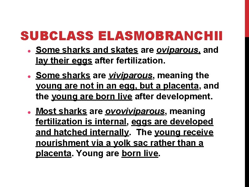 SUBCLASS ELASMOBRANCHII Some sharks and skates are oviparous, and lay their eggs after fertilization. SUBCLASS ELASMOBRANCHII Some sharks and skates are oviparous, and lay their eggs after fertilization.