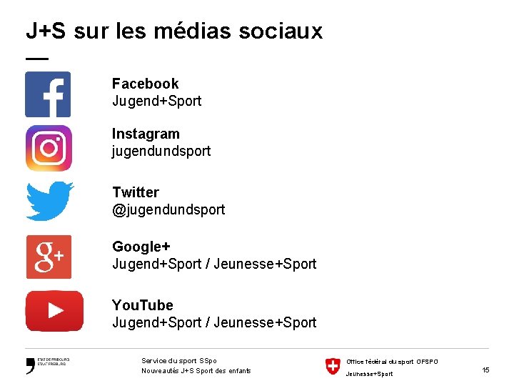 J+S sur les médias sociaux — Facebook Jugend+Sport Instagram jugendundsport Twitter @jugendundsport Google+ Jugend+Sport