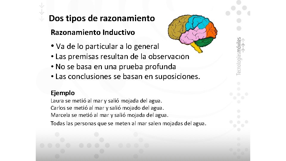 Dos tipos de razonamiento Razonamiento Inductivo • Va de lo particular a lo general