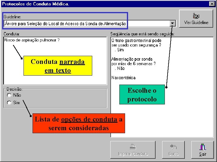 Conduta narrada em texto Escolhe o protocolo Lista de opções de conduta a serem