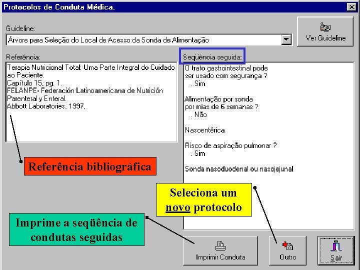 Referência bibliográfica Seleciona um novo protocolo Imprime a seqüência de condutas seguidas 