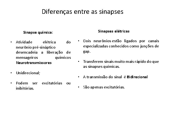 Diferenças entre as sinapses Sinapse química: • Atividade elétrica do neurônio pré-sináptico desencadeia a