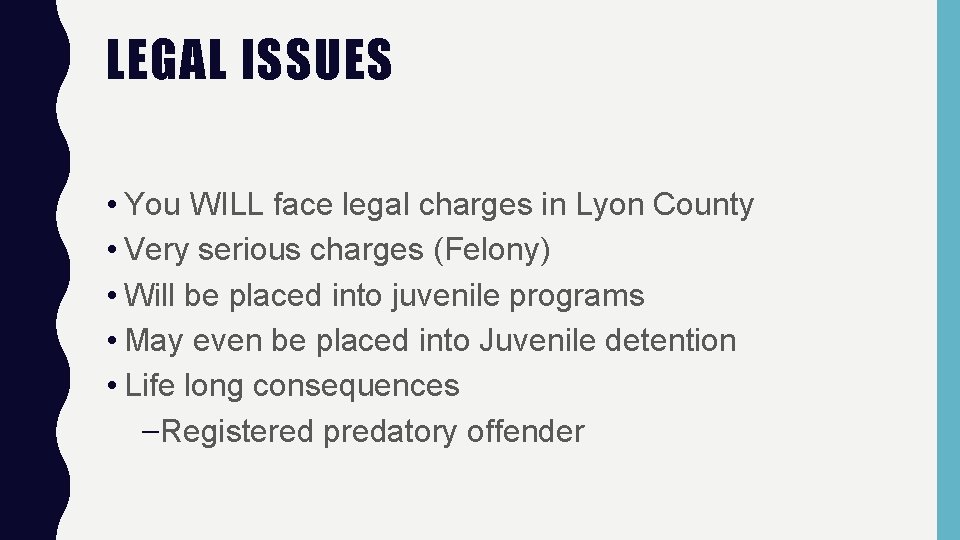 LEGAL ISSUES • You WILL face legal charges in Lyon County • Very serious