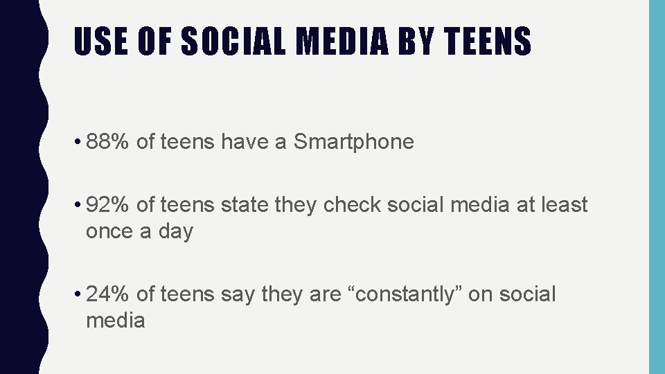 USE OF SOCIAL MEDIA BY TEENS • 88% of teens have a Smartphone •