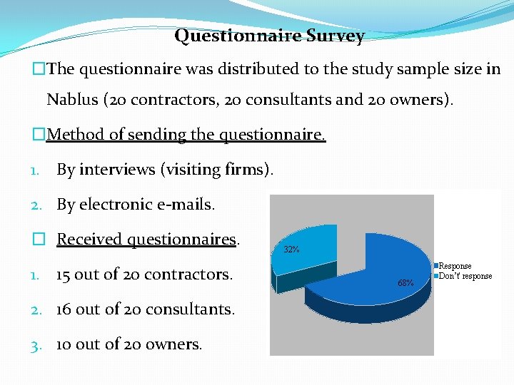 Questionnaire Survey �The questionnaire was distributed to the study sample size in Nablus (20