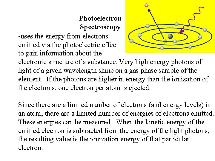 Photoelectron Spectroscopy -uses the energy from electrons emitted via the photoelectric effect to gain