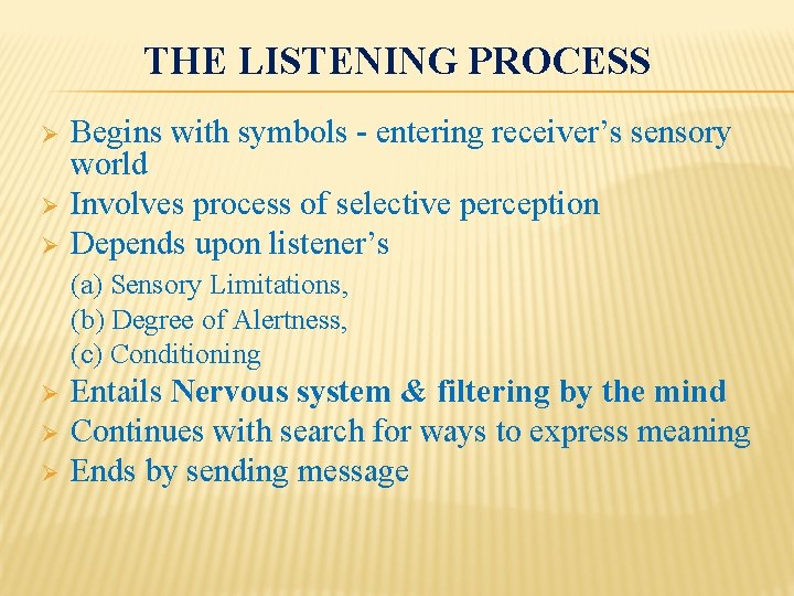 THE LISTENING PROCESS Ø Ø Ø Begins with symbols - entering receiver’s sensory world