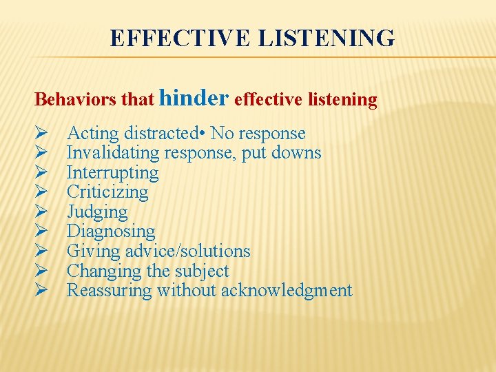 EFFECTIVE LISTENING Behaviors that hinder effective listening Ø Ø Ø Ø Ø Acting distracted