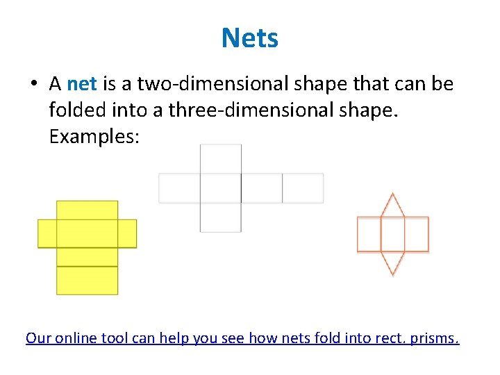 Nets • A net is a two-dimensional shape that can be folded into a