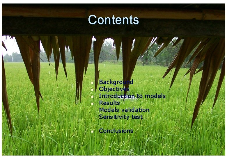 Contents n n n Background Objectives Introduction to models Results Models validation Sensitivity test Contents n n n Background Objectives Introduction to models Results Models validation Sensitivity test