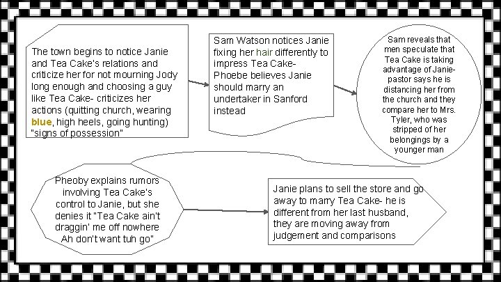 The town begins to notice Janie and Tea Cake’s relations and criticize her for