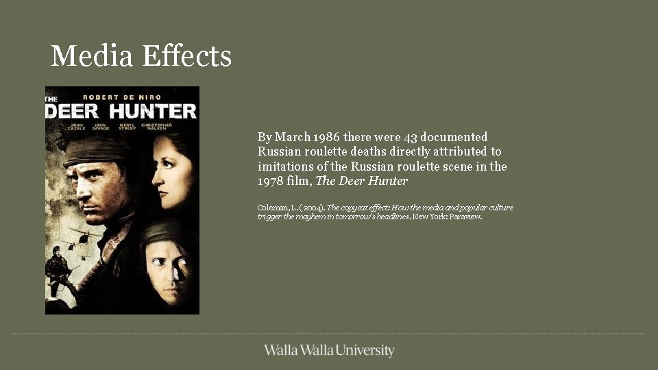 Media Effects By March 1986 there were 43 documented Russian roulette deaths directly attributed