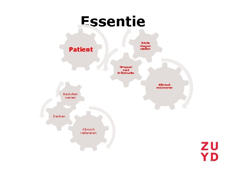 Essentie Juiste vragen stellen Patient Omgaan met informatie Klinisch redeneren Besluiten nemen Denken Klinisch