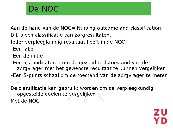 De NOC Aan de hand van de NOC= Nursing outcome and classification Dit is