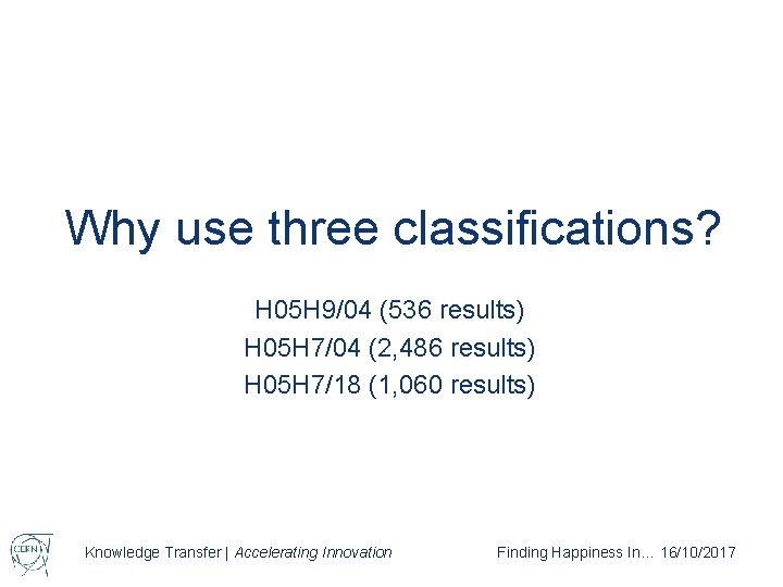 Why use three classifications? H 05 H 9/04 (536 results) H 05 H 7/04