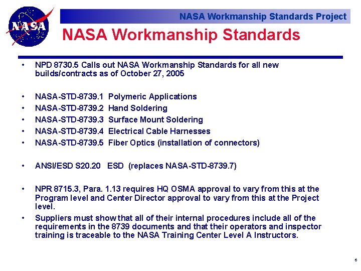 NASA Workmanship Standards Project NASA Workmanship Standards • NPD 8730. 5 Calls out NASA