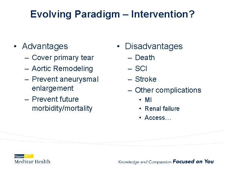 Evolving Paradigm – Intervention? • Advantages – Cover primary tear – Aortic Remodeling –