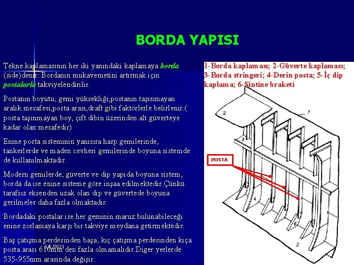 BORDA YAPISI Tekne kaplamasının her iki yanındaki kaplamaya borda (side)denir. Bordanın mukavemetini artırmak için