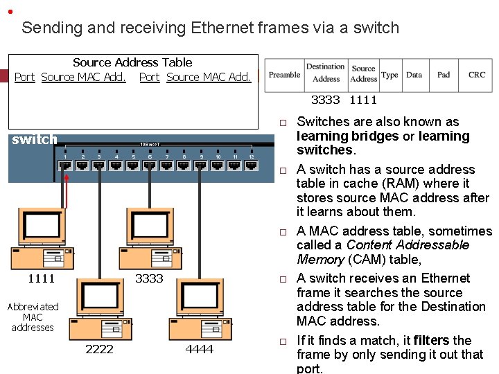 • Sending and receiving Ethernet frames via a switch Source Address Table Port • Sending and receiving Ethernet frames via a switch Source Address Table Port