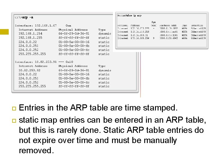 Entries in the ARP table are time stamped. static map entries can be Entries in the ARP table are time stamped. static map entries can be