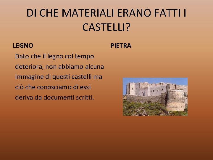 DI CHE MATERIALI ERANO FATTI I CASTELLI? LEGNO Dato che il legno col tempo