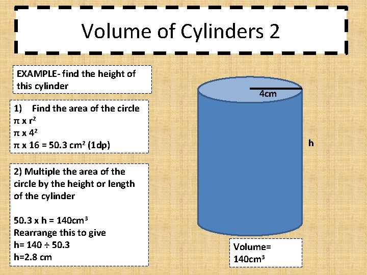 Volume of Cylinders 2 EXAMPLE- find the height of this cylinder 4 cm 1)
