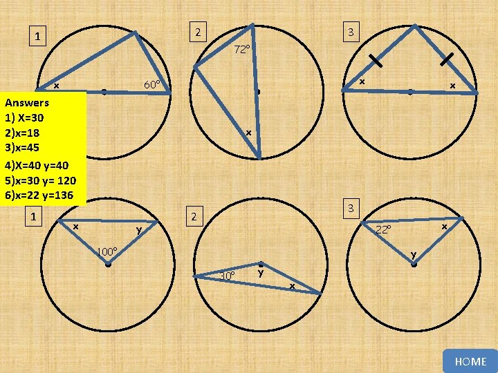 2 1 3 72° x x 60° Answers x 1) X=30 2)x=18 3)x=45 4)X=40