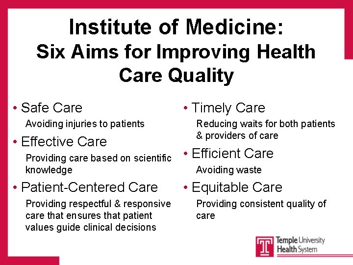 Institute of Medicine: Six Aims for Improving Health Care Quality • Safe Care Avoiding